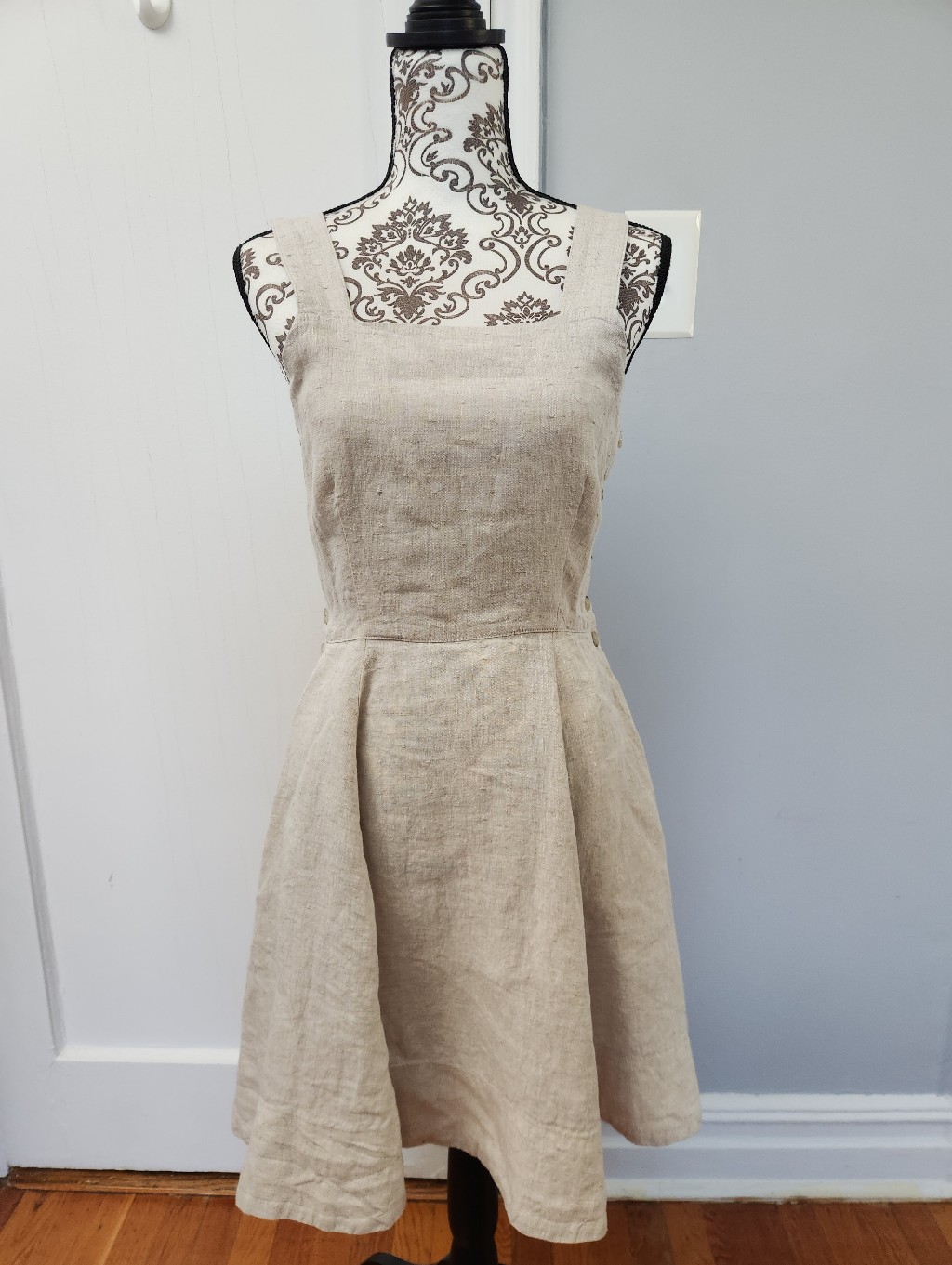 Son De Flor Linen Mini Pinafore A-Line Dress In Natural Dot Beige Cottagecore